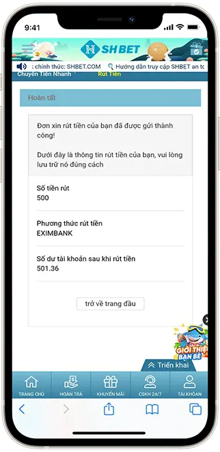  Bước 5: Thông báo đơn rút tiền đã gửi THÀNH CÔNG